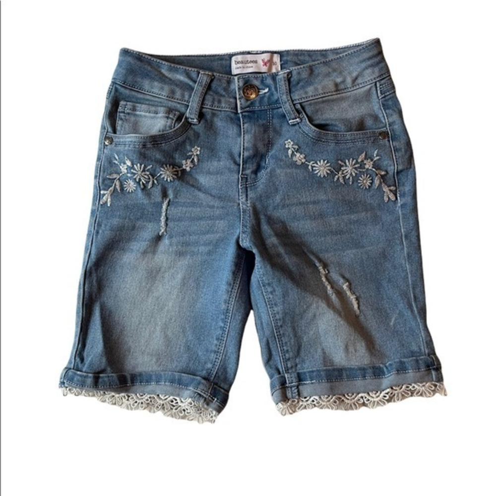 🐞Girl's Size10 Light Blue‎ Denim Bermuda Shorts with Lace